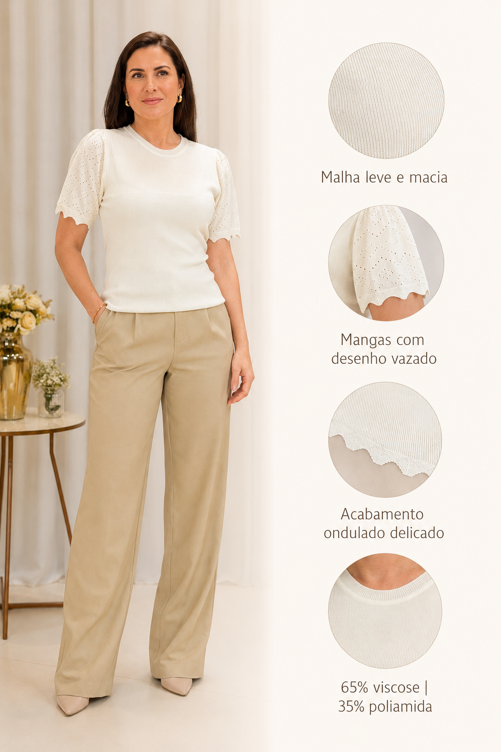 Blusa Manga Curta Que Estica Detalhe Vazado Vivian Branca