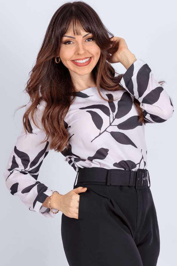 Blusa Manga Longa Clássica Isabel Estampada Folhas Preta - imporium