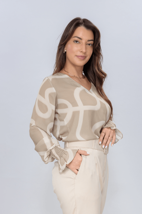 Blusa Manga Longa Decote "V" Brenda Estampada Bege - imporium