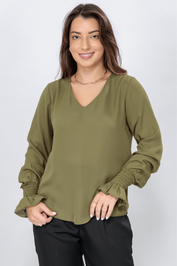 Blusa Manga Longa Decote "V" Brenda Verde Militar - imporium