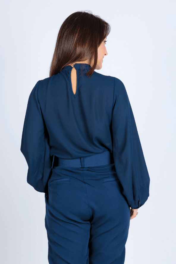 Blusa Manga Longa Pregas Colo Suzana Azul Marinho - imporium