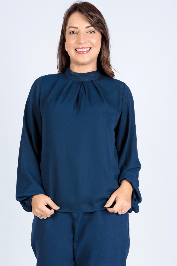 Blusa Manga Longa Pregas Colo Suzana Azul Marinho - imporium