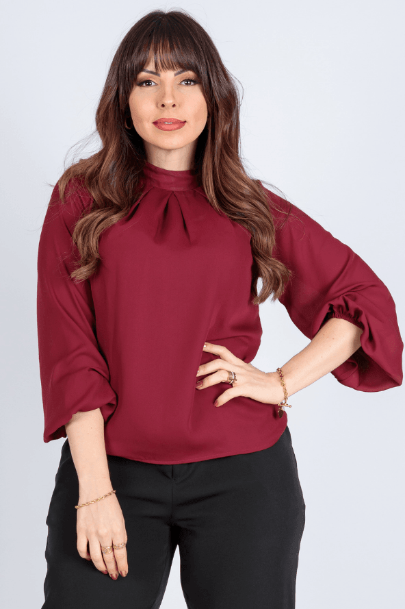 Blusa Manga Longa Pregas Colo Suzana Bordô - imporium