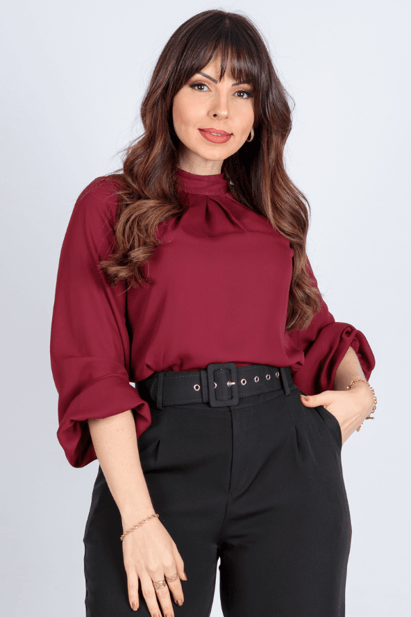 Blusa Manga Longa Pregas Colo Suzana Bordô - imporium