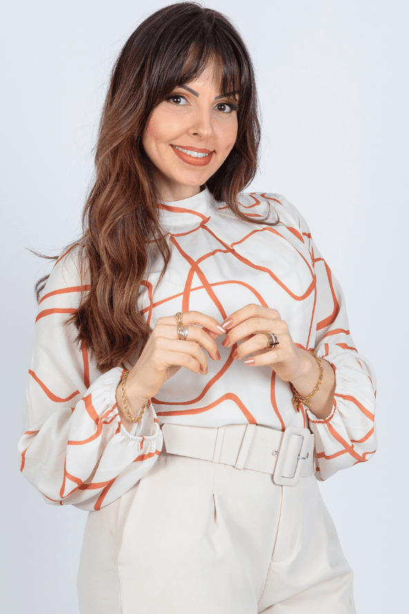 Blusa Manga Longa Pregas Colo Suzana Estampada Laranja - imporium