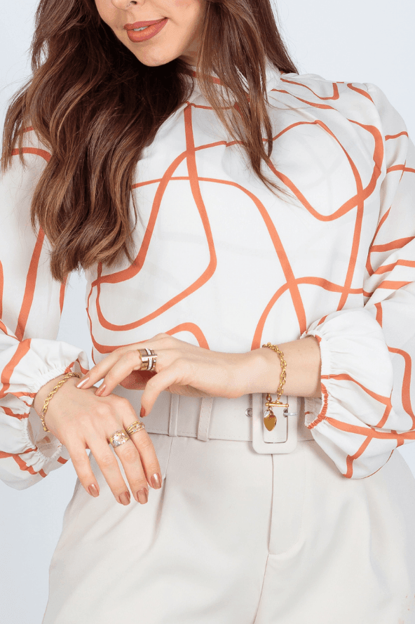 Blusa Manga Longa Pregas Colo Suzana Estampada Laranja - imporium