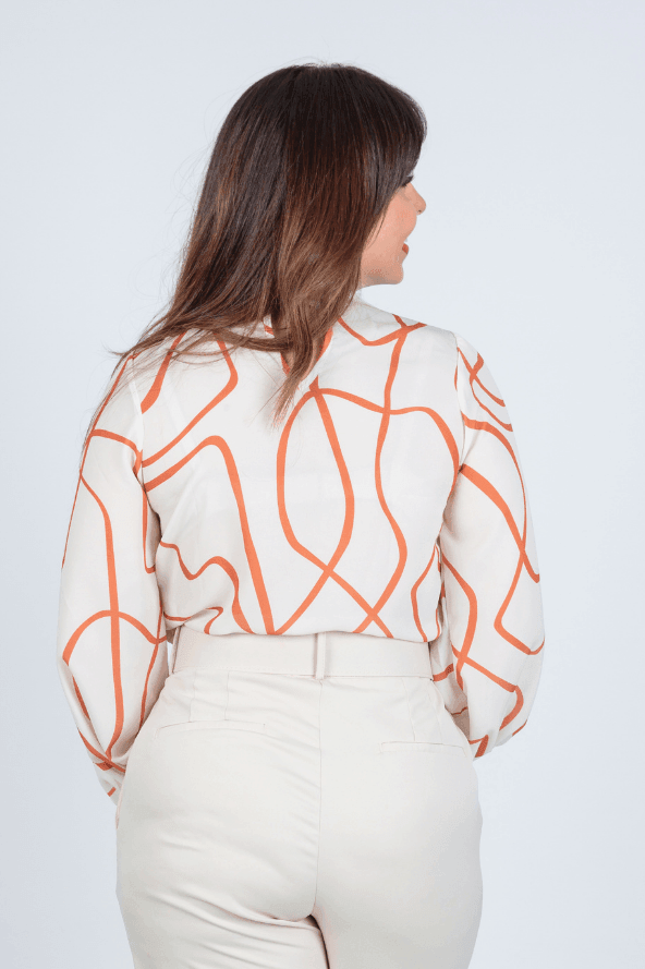 Blusa Manga Longa Pregas Colo Suzana Estampada Laranja - imporium