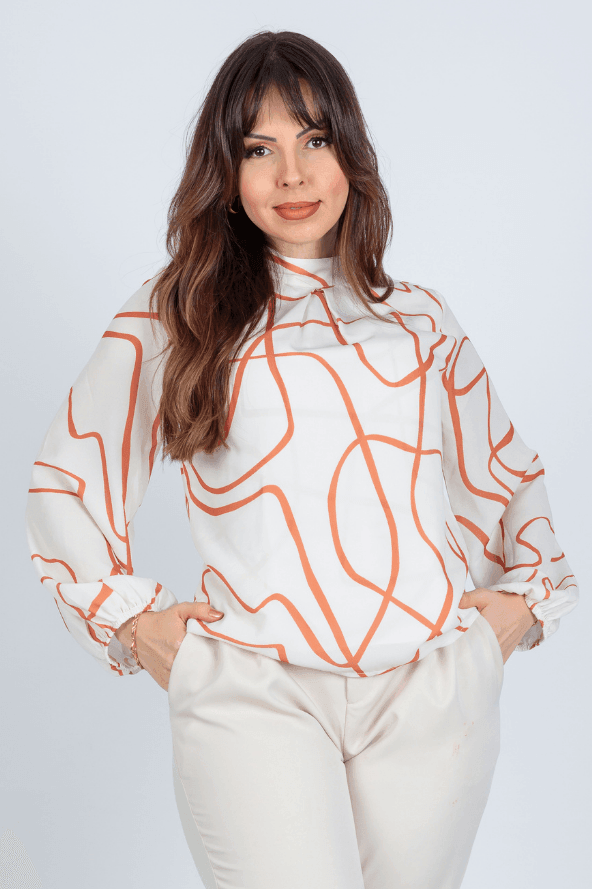 Blusa Manga Longa Pregas Colo Suzana Estampada Laranja - imporium