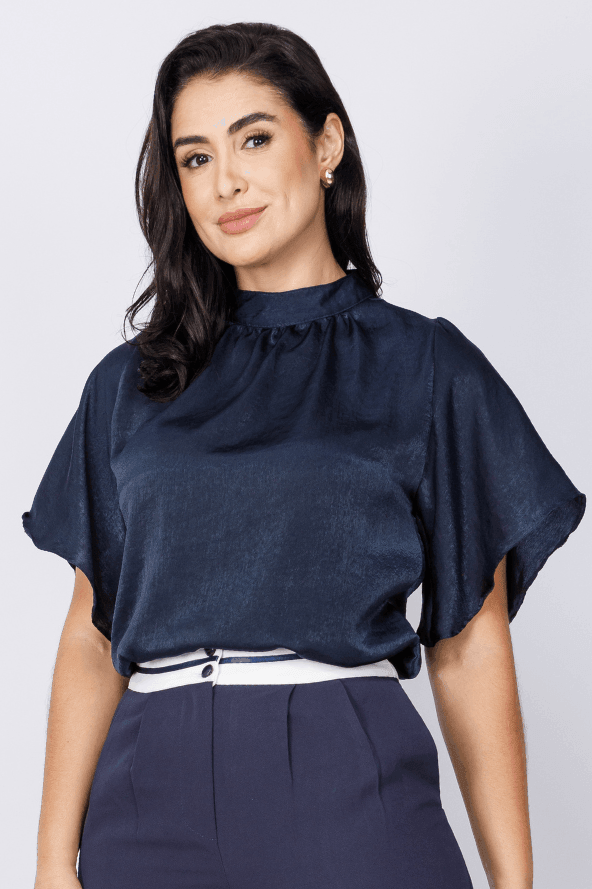 Blusa Pregas Colo Manga Flutuante Erica Azul Marinho - imporium