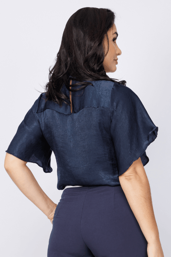 Blusa Pregas Colo Manga Flutuante Erica Azul Marinho - imporium
