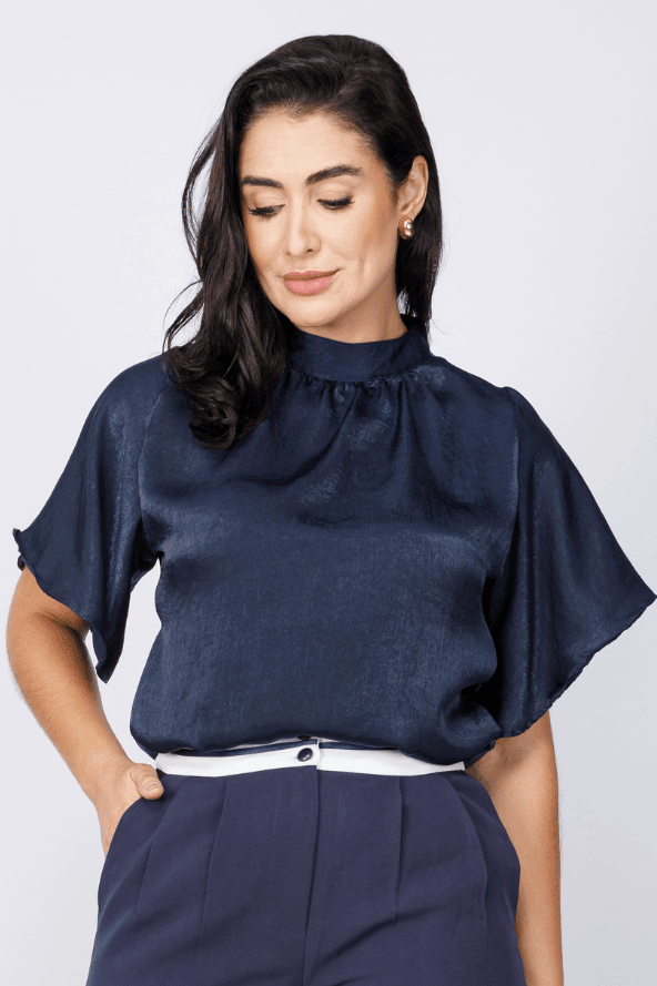Blusa Pregas Colo Manga Flutuante Erica Azul Marinho - imporium