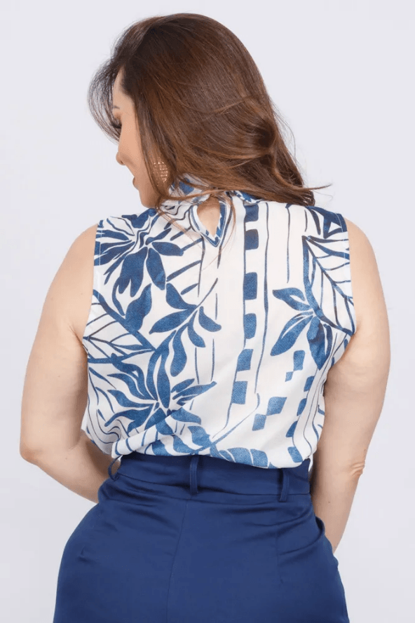 Blusa Regata Gola Alta Aline Estampada Azul - imporium