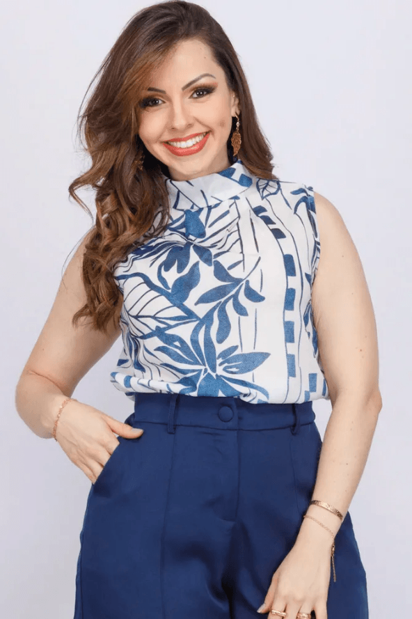 Blusa Regata Gola Alta Aline Estampada Azul - imporium