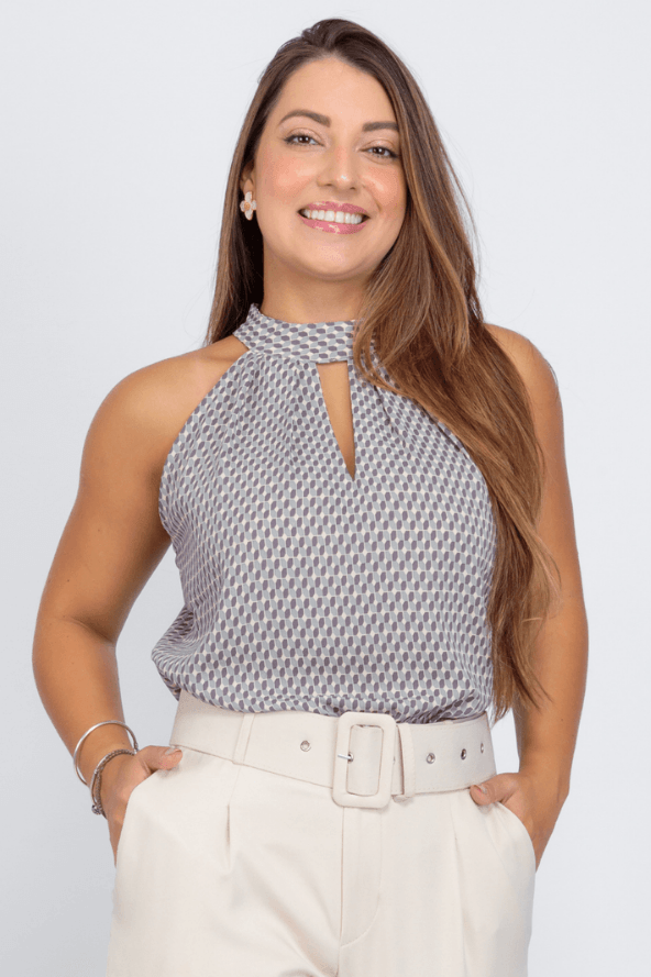 Blusa Regata Gola Decote Choker Cassia Estampada Bege - imporium