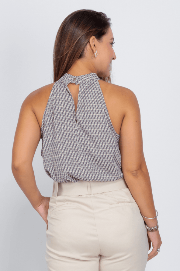 Blusa Regata Gola Decote Choker Cassia Estampada Bege - imporium