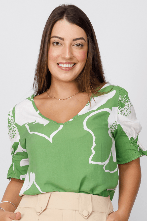 Blusa Viscose Decote ''V'' Estampada Jéssica Verde - imporium