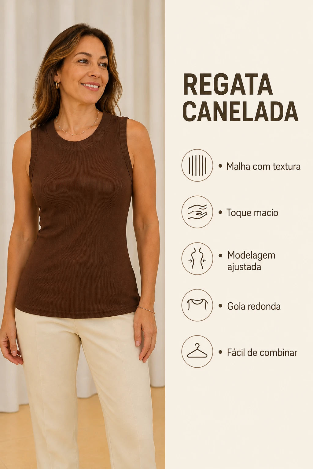 Regata Malha Canelada com Toque Macio Caetana Marrom