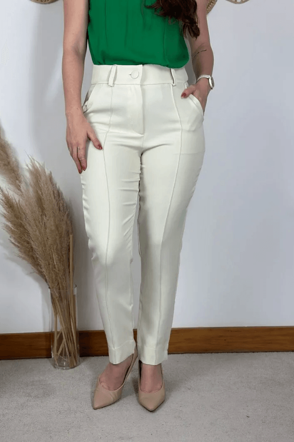 Calça Alfaiataria Detalhe Barra Flávia Creme - imporium
