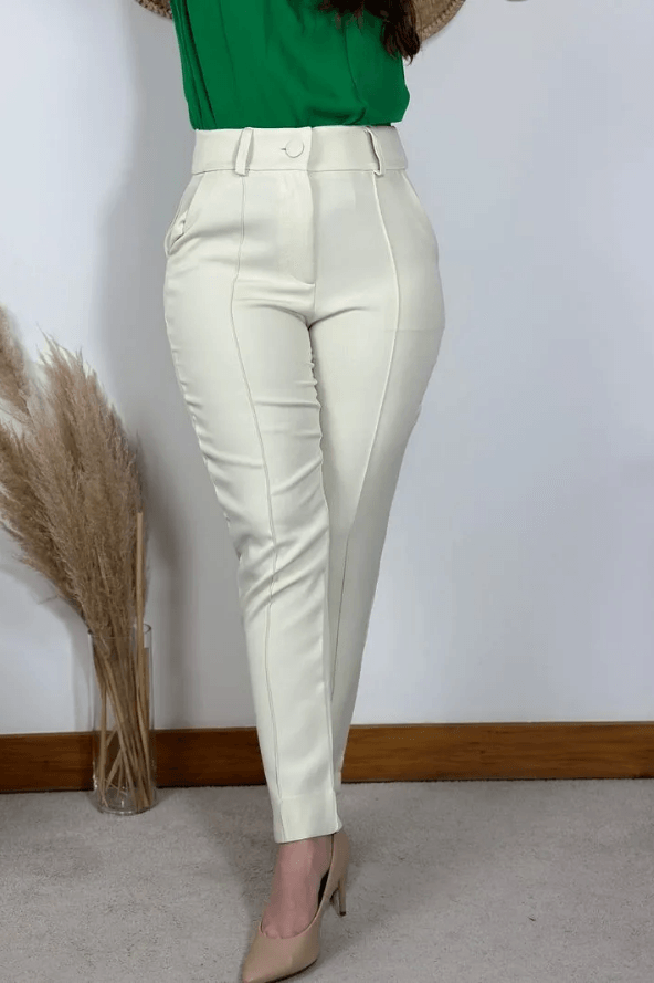 Calça Alfaiataria Detalhe Barra Flávia Creme - imporium