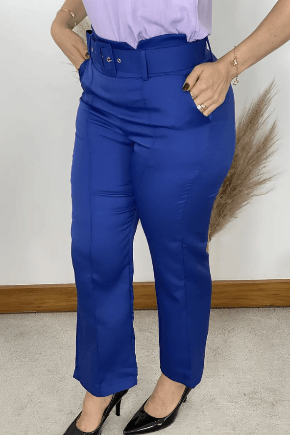 Calça Detalhe no Cós Cinto Encapado Camille Azul Royal - imporium