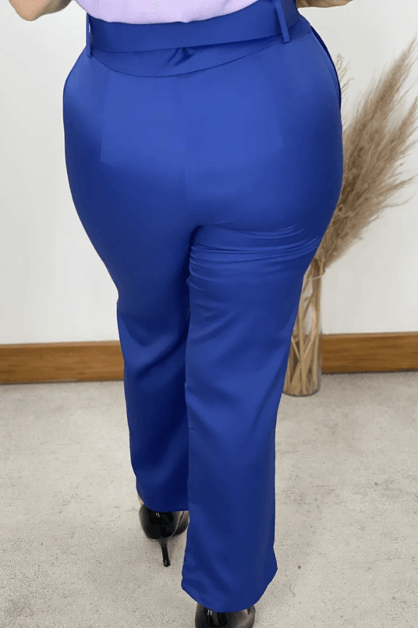 Calça Detalhe no Cós Cinto Encapado Camille Azul Royal - imporium