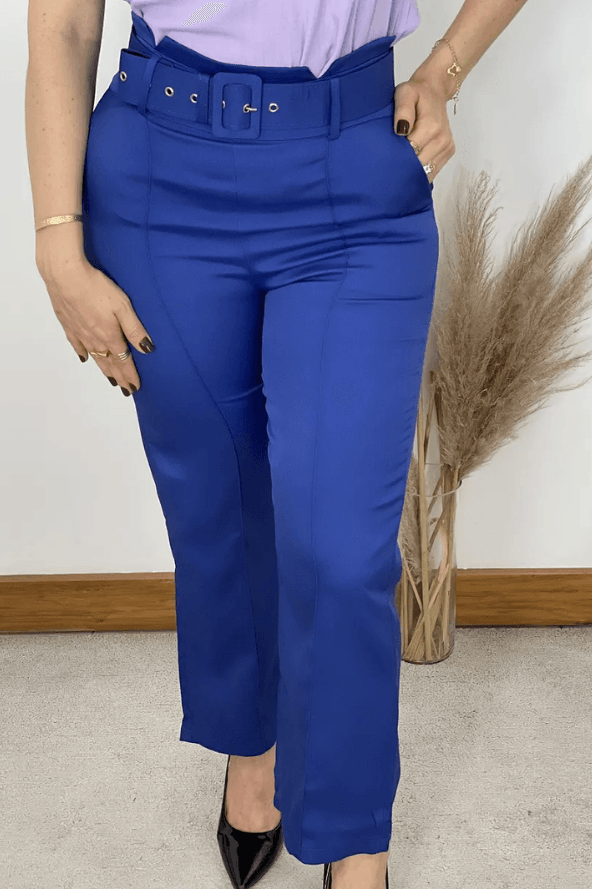 Calça Detalhe no Cós Cinto Encapado Camille Azul Royal - imporium