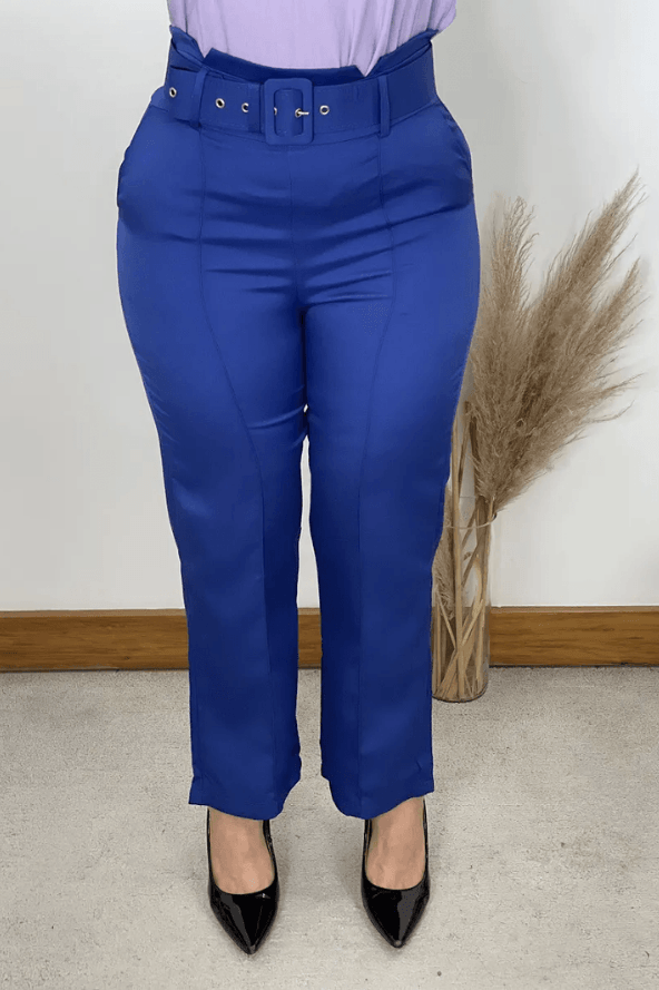 Calça Detalhe no Cós Cinto Encapado Camille Azul Royal - imporium
