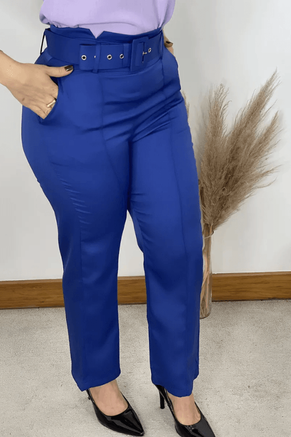 Calça Detalhe no Cós Cinto Encapado Camille Azul Royal - imporium