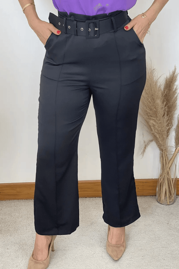 Calça Detalhe no Cós Cinto Encapado Camille Preta - imporium
