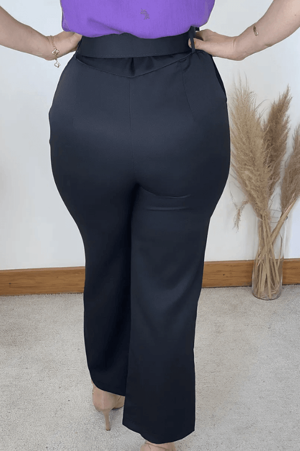 Calça Detalhe no Cós Cinto Encapado Camille Preta - imporium