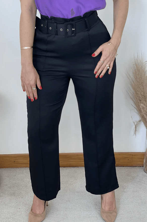 Calça Detalhe no Cós Cinto Encapado Camille Preta - imporium