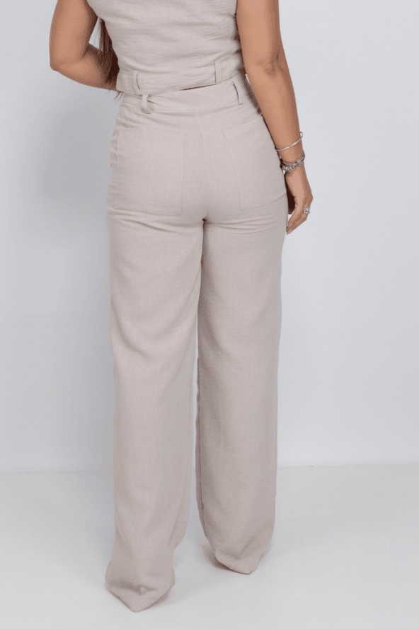 Calça Pantalona Em Crepe Corte Reto Angela Bege - imporium