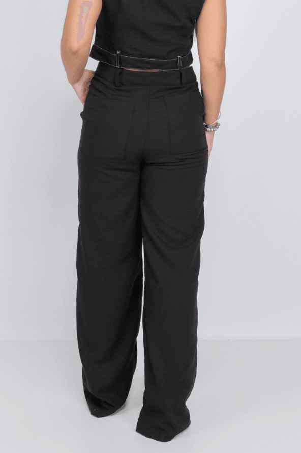Calça Pantalona Em Crepe Corte Reto Angela Preta - imporium