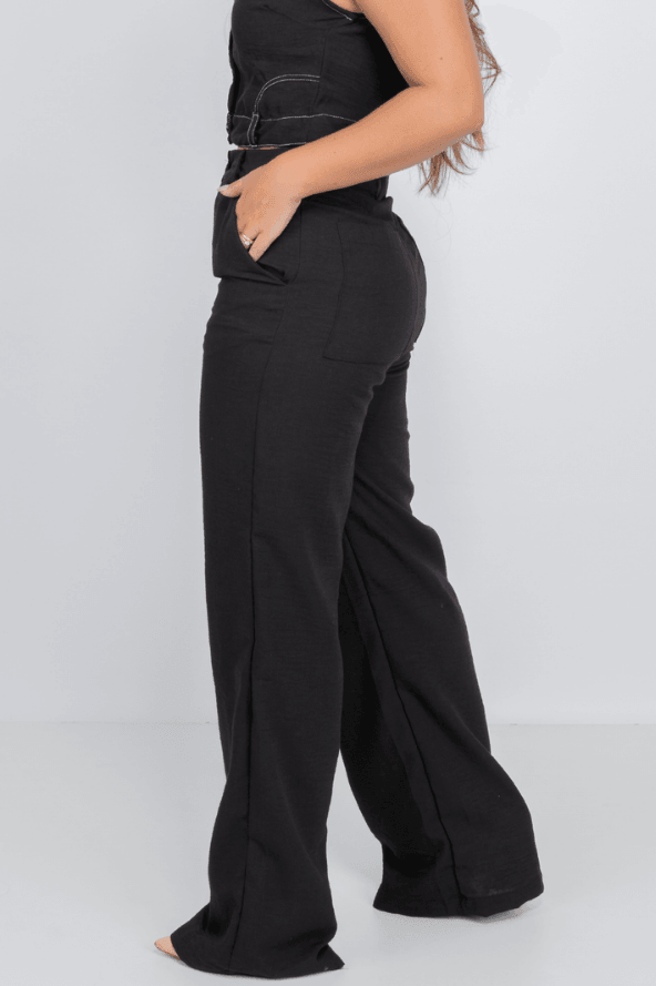 Calça Pantalona Em Crepe Corte Reto Angela Preta - imporium