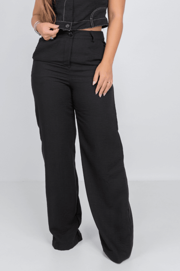 Calça Pantalona Em Crepe Corte Reto Angela Preta - imporium