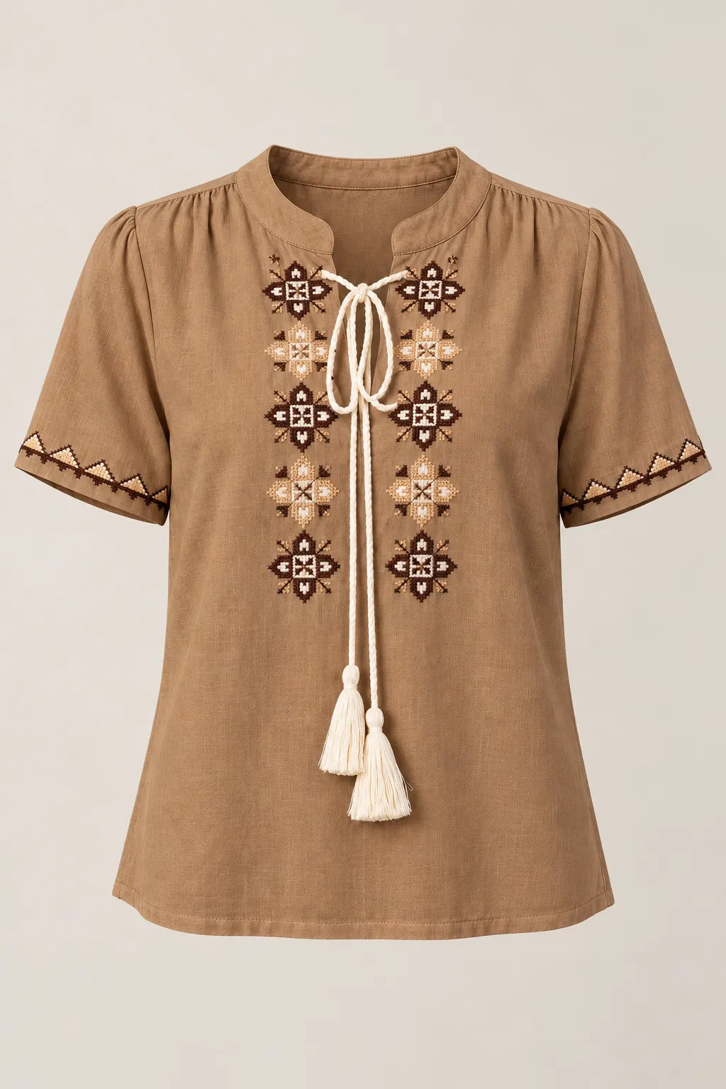 Blusa Manga Curta em Visco Linho com Bordados e Amarração Carina Marrom