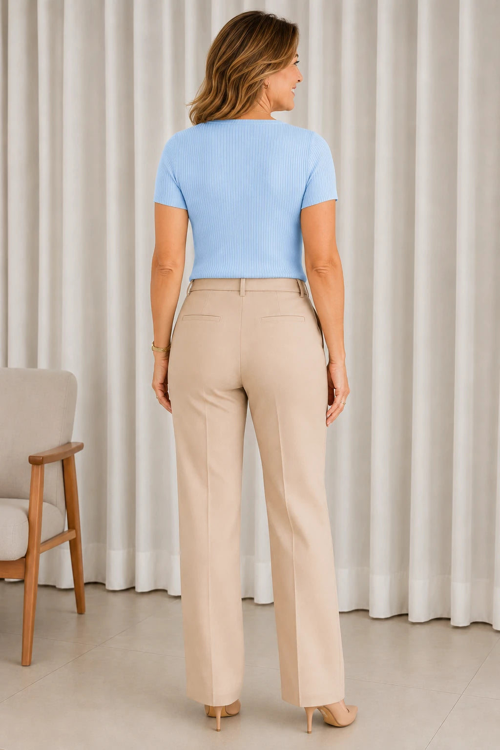Blusa Malha Canelada que Estica Celeste Azul