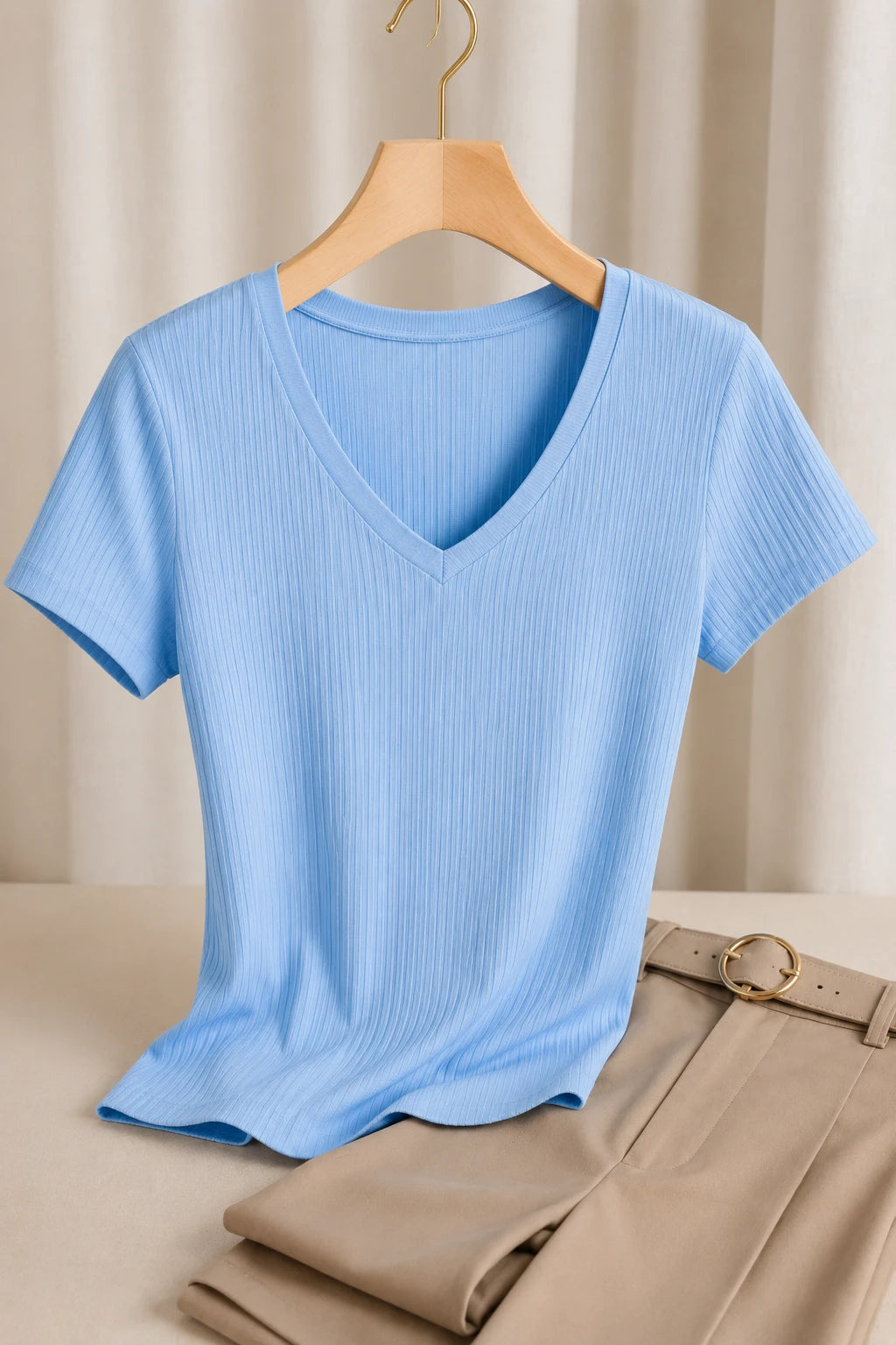 Blusa Malha Canelada que Estica Celeste Azul
