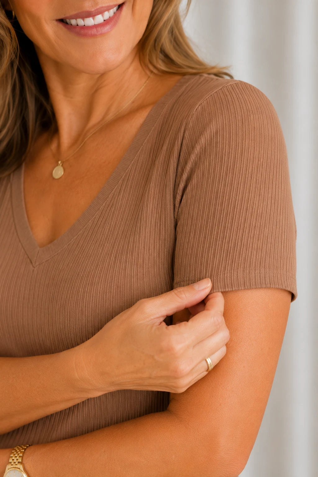Blusa Malha Canelada que Estica Celeste Bege