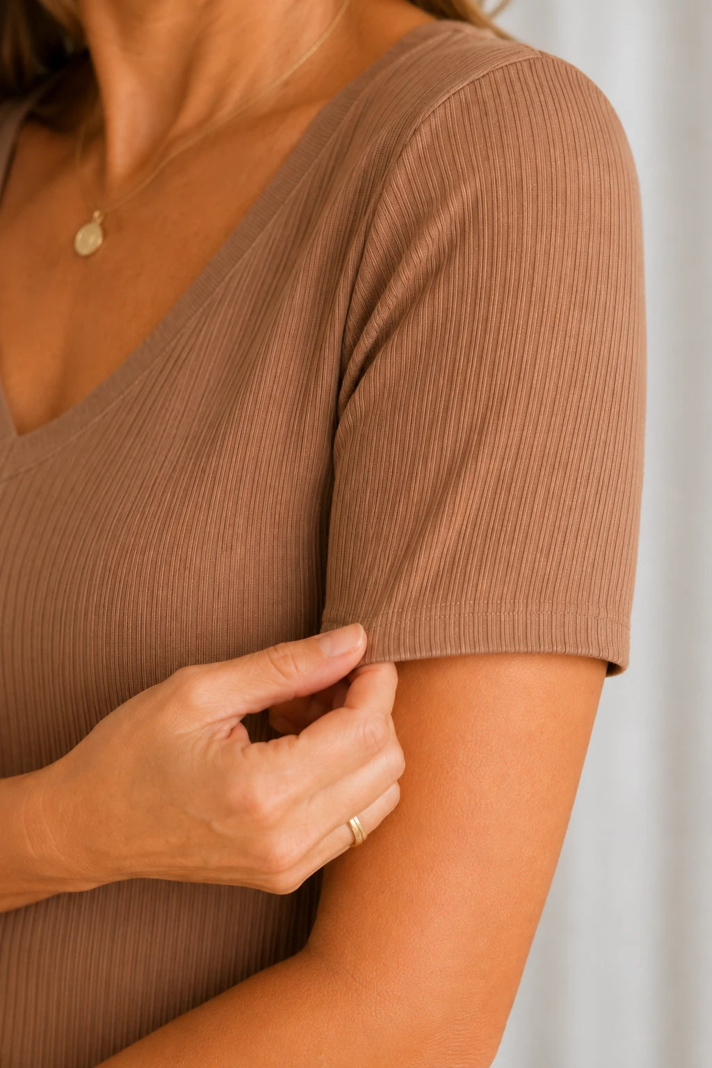 Blusa Malha Canelada que Estica Celeste Bege