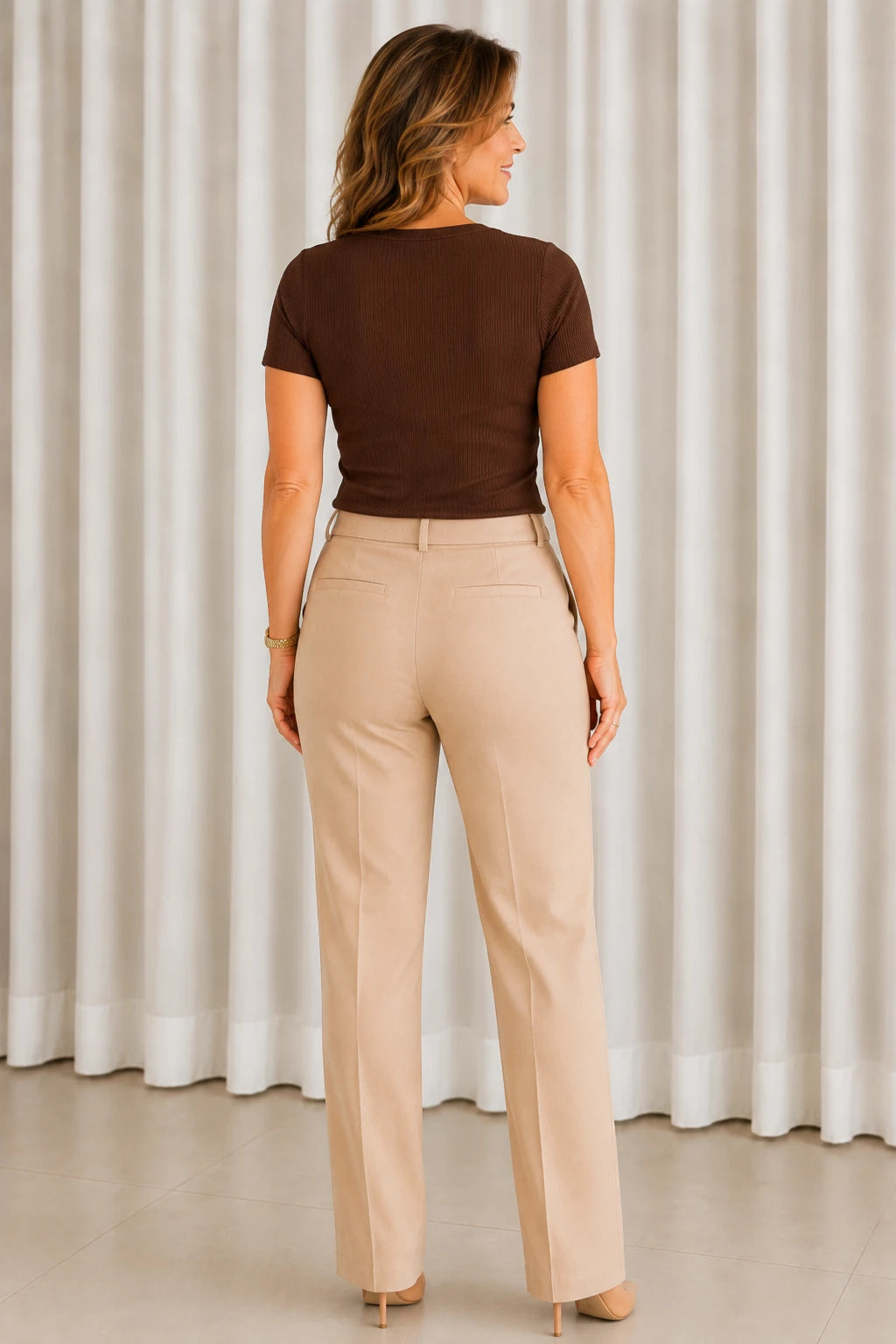 Blusa Malha Canelada que Estica Celeste Marrom