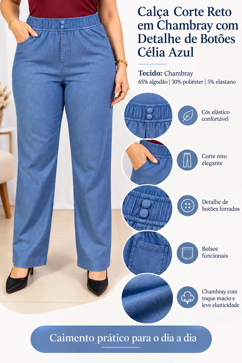 Calça Corte Reto em Chambray com Detalhe de Botões Célia Azul