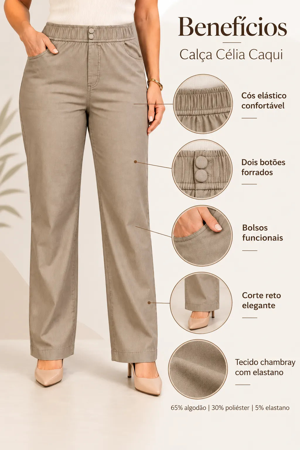 Calça Corte Reto em Chambray com Detalhe de Botões Célia Caqui