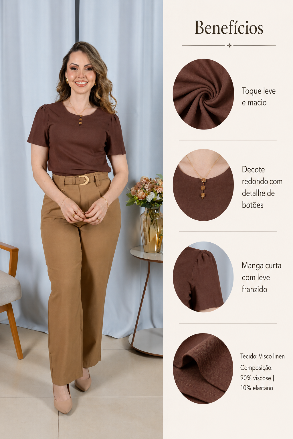 Blusa Visco Linen com Botões Chloe Marrom