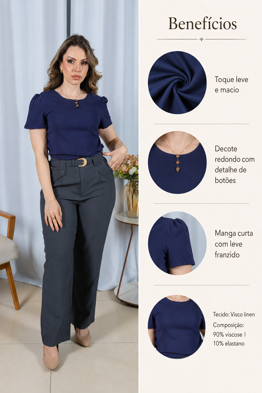 Blusa Visco Linen com Botões Chloe Azul Marinho