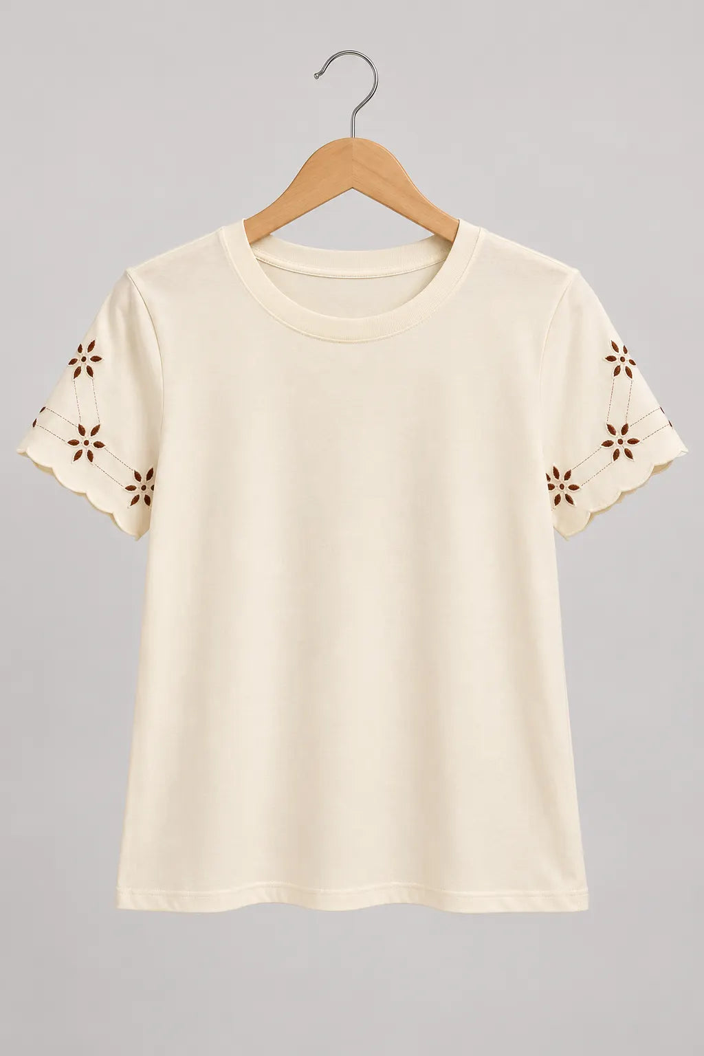 Blusa Manga Curta Em Cotton Lycra Manga Bordada Cora Creme