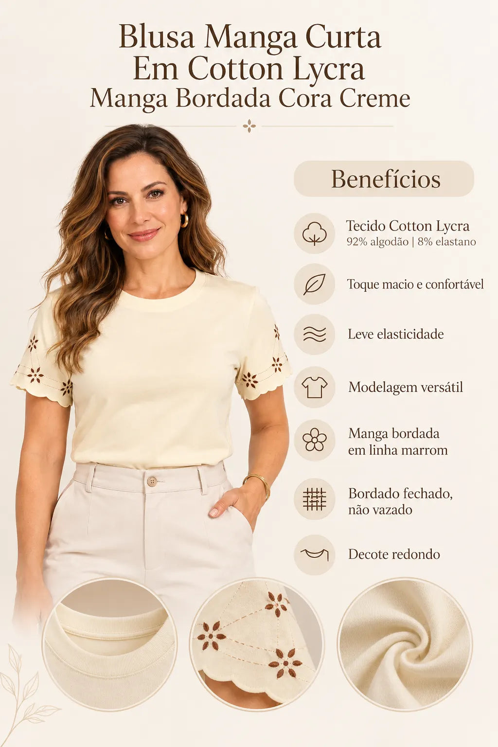 Blusa Manga Curta Em Cotton Lycra Manga Bordada Cora Creme