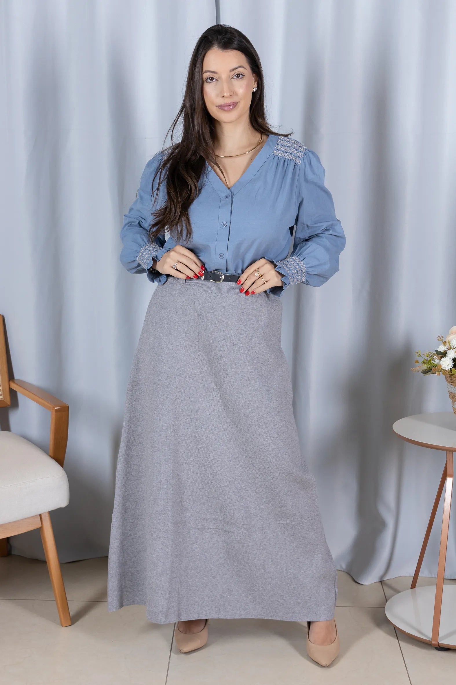 Blusa Cotton Visco com Bordado Artesanal Daiane Azul - detalhe principal