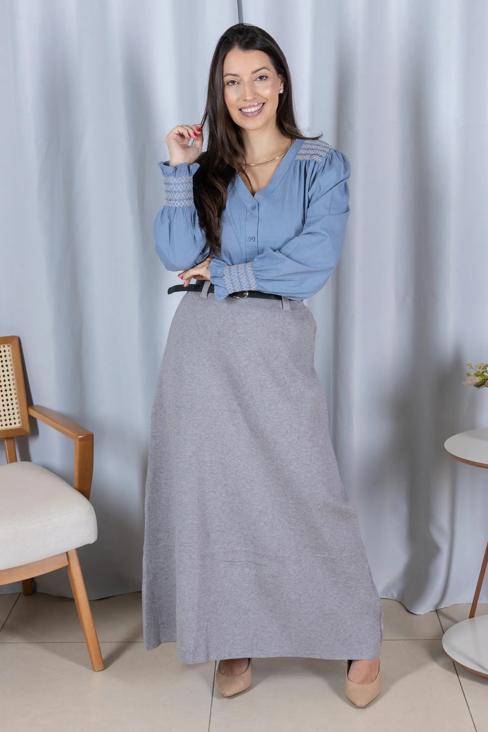 Blusa Cotton Visco com Bordado Artesanal Daiane Azul - lateral