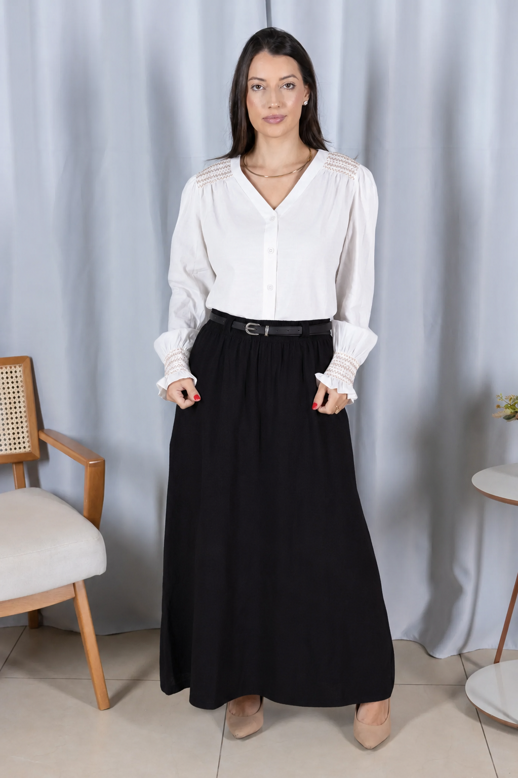 Blusa Cotton Visco com Bordado Artesanal Daiane Branca - frente principal